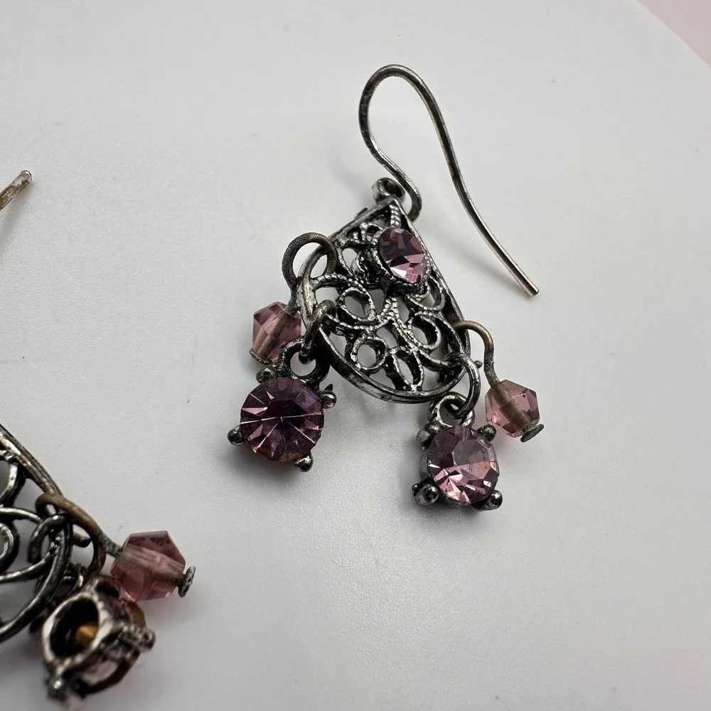 Vintage 90s Purple Crystal Bicone beads‎ Chandelier Earrings Silver Tone Jewelry